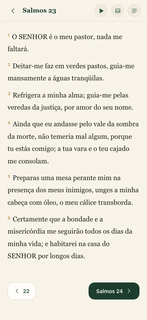 Tela real da leitura de Salmos 23, com opção de áudio