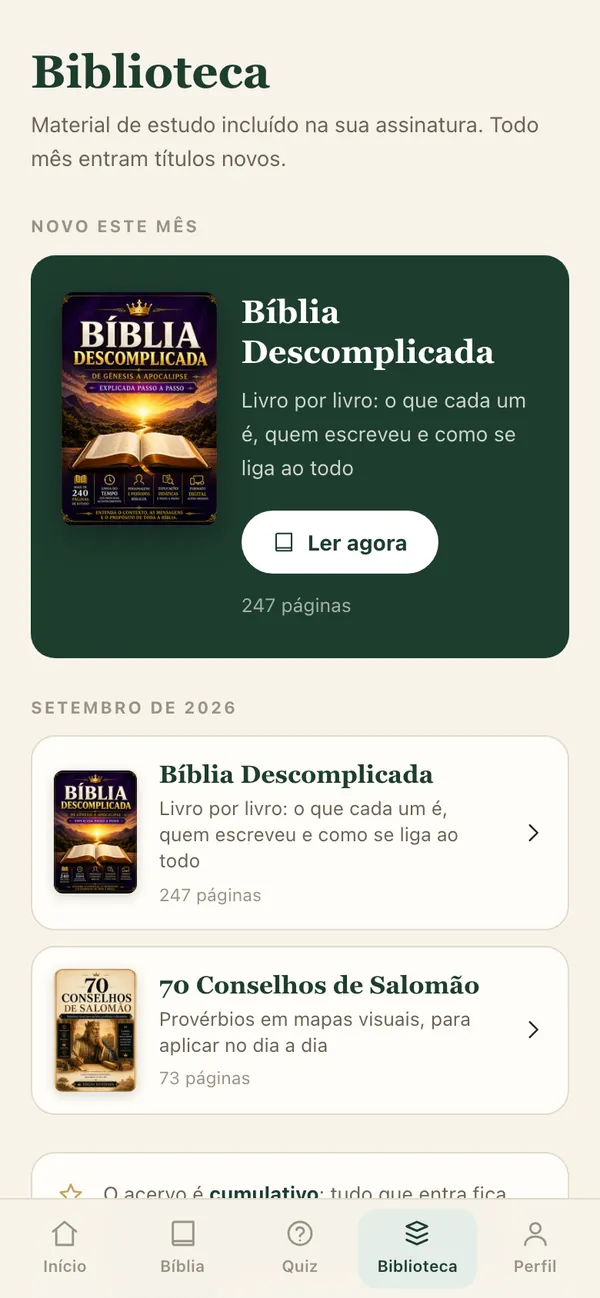 Tela real da biblioteca de ebooks visuais do app